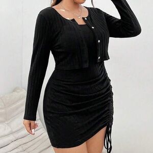 SHEIN Plus Solid Cami Dress & Button Front Jacket - Black, 2X